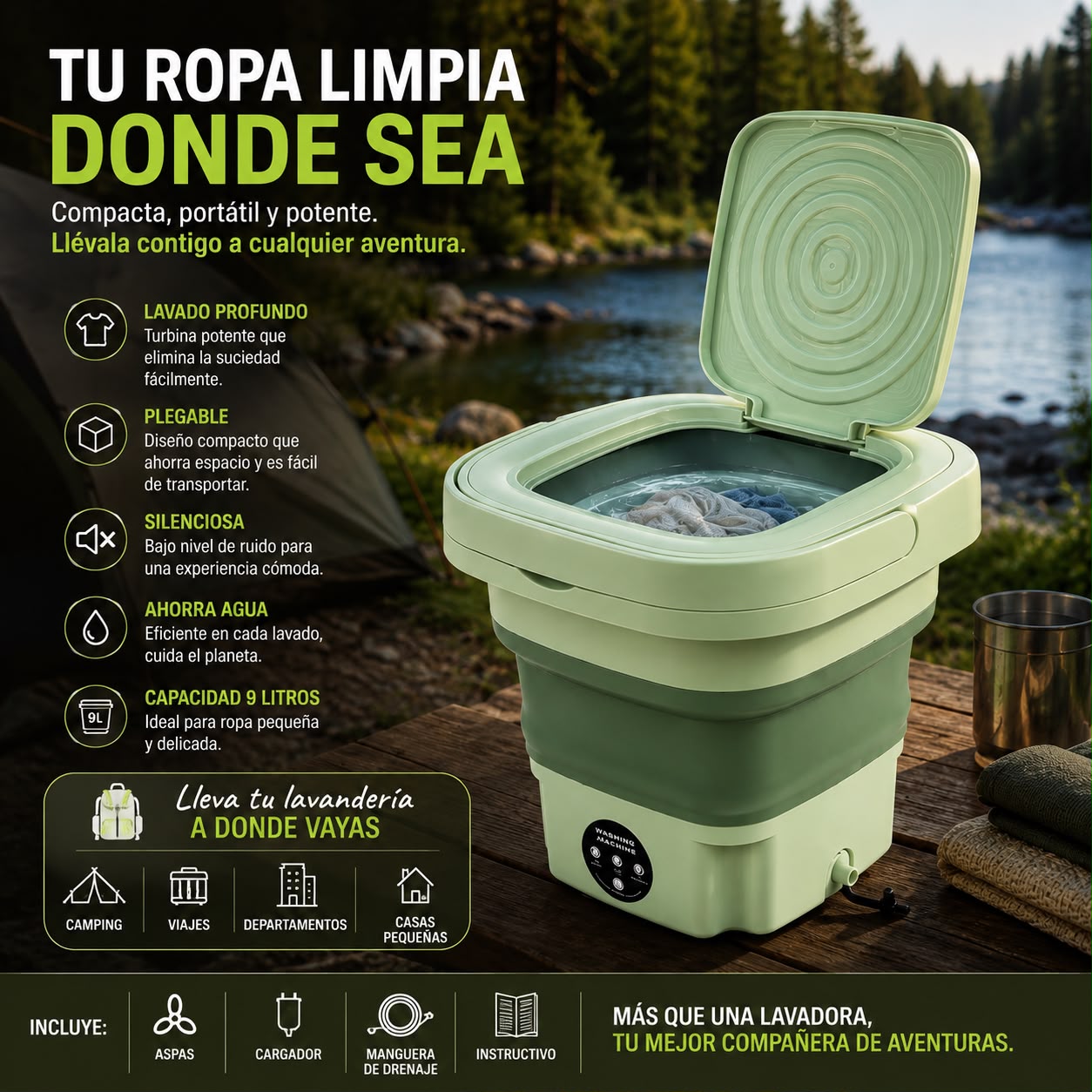 🧺 Lavadora Portátil Plegable 9L – Lava tu Ropa Fácilmente en Cualquier Lugar